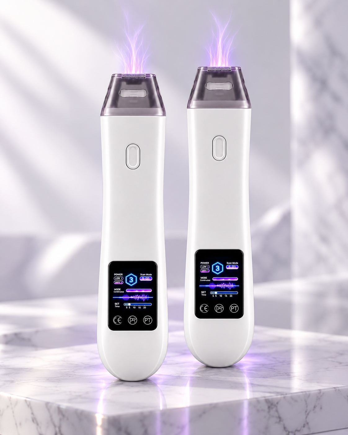 Two T33 devices for Double Up, displayed on an ivory stone platform with purple plasma light