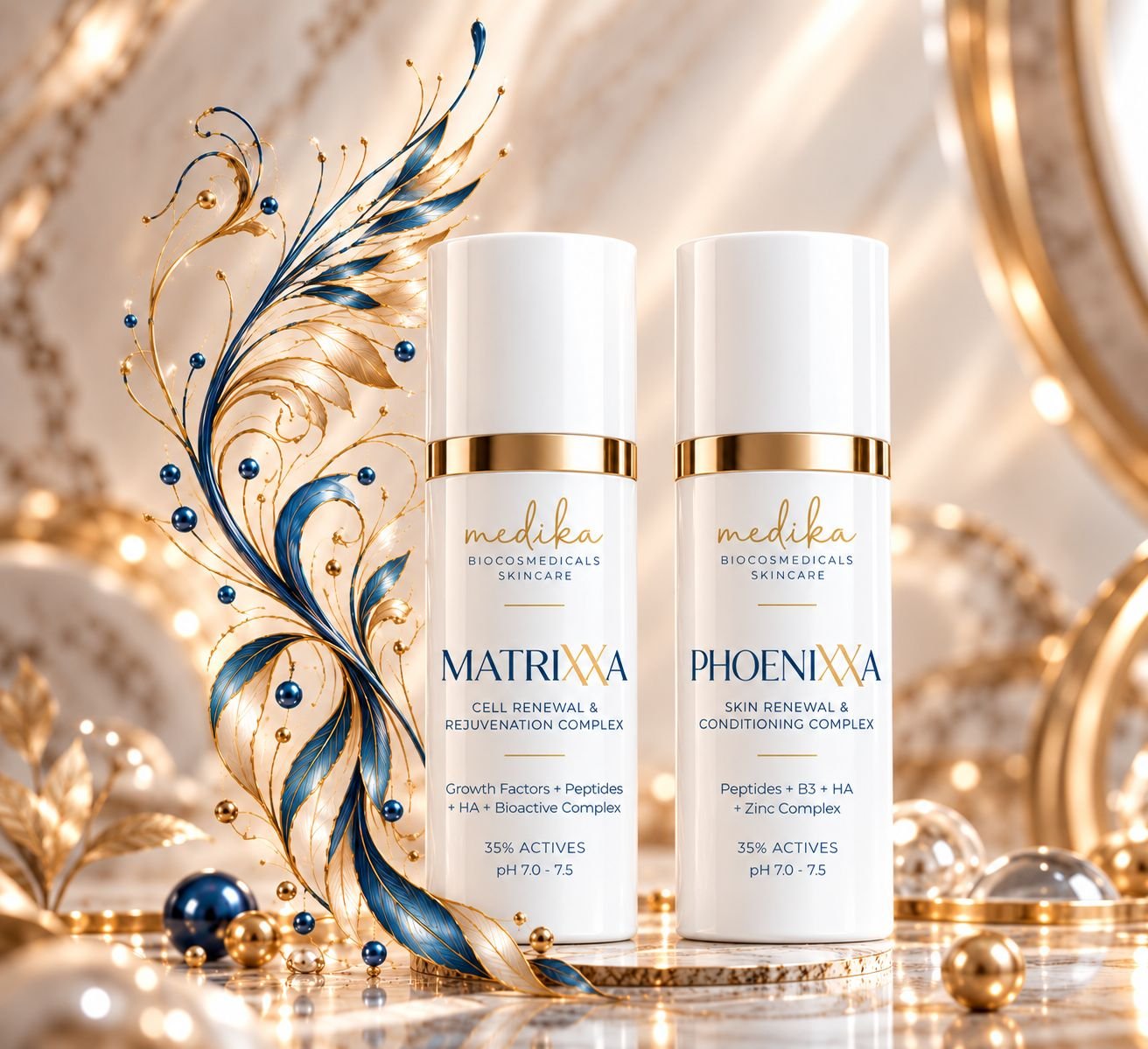 MATRIXXA and PHOENIXXA by Medika, displayed together in white and gold bottles with blue and gold detailing