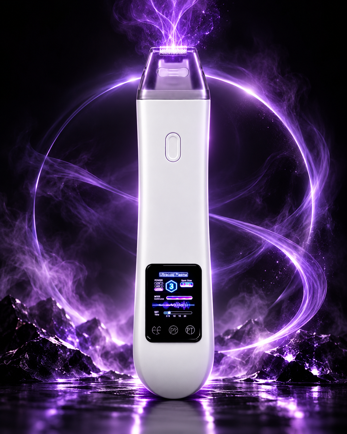 T33 One Up device showcase with purple plasma light on a black background