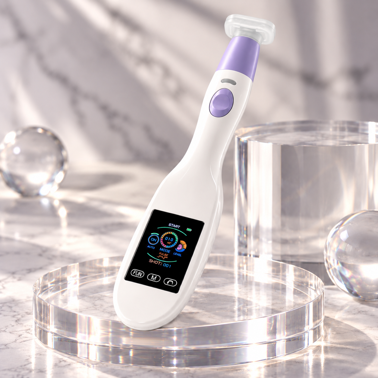 R97 displayed on a clear crystal pedestal in the supplied studio photograph